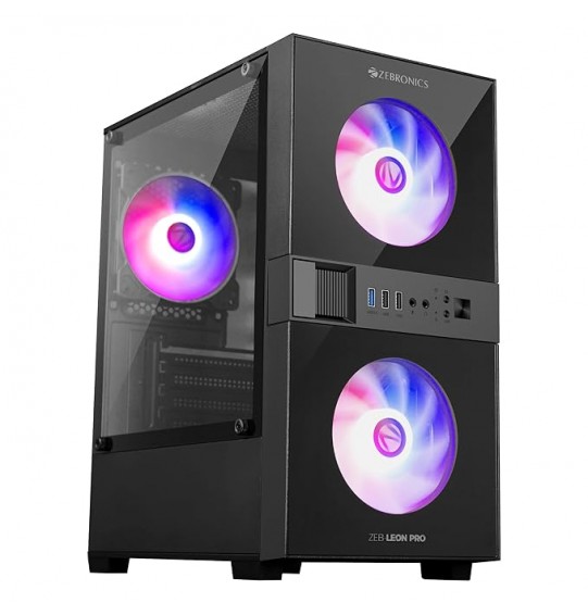 ZEBRONICS New Launch Leon PRO Premium Gaming Cabinet/Case, Mini-Tower, Supports mATX | ITX, 3 Pre-Installed RGB Fans, Side Tempered Glass, USB 3.0, Magnetic Dust Filter (Black)