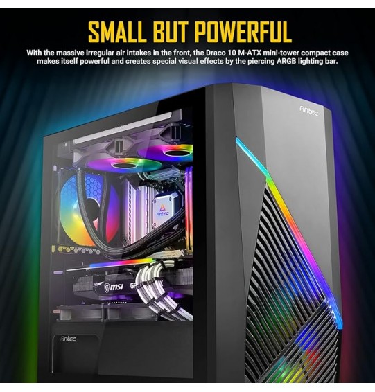 Antec Constellation Series Draco 10 Mini-Tower M-ATX Gaming Case, 360mm GPU Compatibility, Massive Air Intakes, ARGB Lighting Bar & 6 x 120mm Fan Support, Black