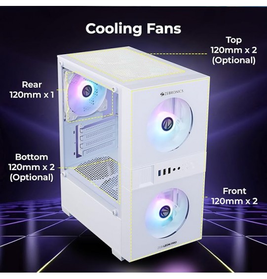 ZEBRONICS New Launch Leon PRO Premium Gaming Cabinet/Case, Mini-Tower, Supports mATX | ITX, 3 Pre-Installed RGB Fans, Side Tempered Glass, USB 3.0, Magnetic Dust Filter (White)