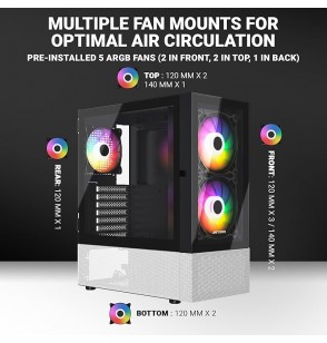 Ant Esports Pepper 5F Mid-Tower Dual Color Computer Case/Gaming Cabinet - Black/White | Support ATX, Micro-ATX, Mini-ITX | Pre-Installed 5 ARGB Fans