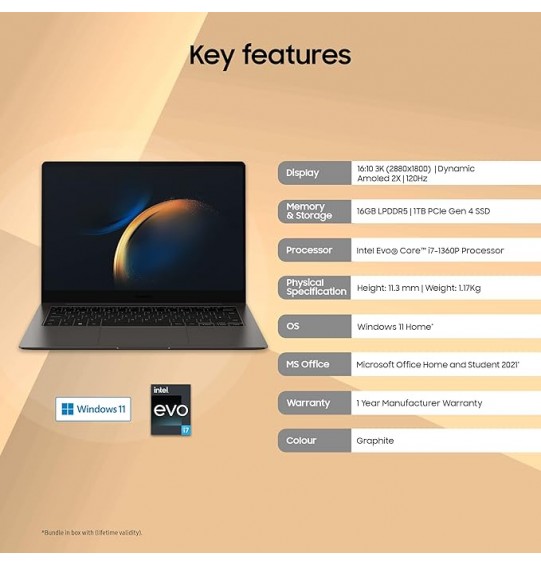 (Refurbished) Samsung Galaxy Book3 Pro Ultra Thin & Light Laptop (Intel 13th Gen i7 EvoTM | 16 GB | 1 TB SSD | Windows 11 | MS Office | Graphite | 1.17Kg)35.56cm(14") Dynamic Amoled 2X, 3K Display