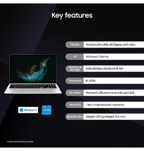 Samsung Galaxy Book2 Thin & Light Laptop (Intel Core i5 12th Gen Processor (8 GB RAM | 512 GB SSD | Windows 11 | MS Office | Backlit Keyboard | Finger Print Reader | Silver | 1.55Kg)9.6cm (15.6") FHD Display