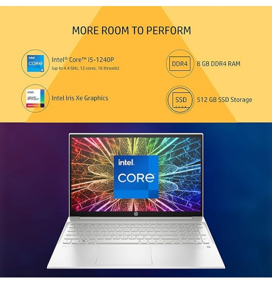 HP Pavilion 15 intel core i5 12th Gen Processor (8 GB RAM | 512Gb SSD | Silver | Intel Iris Xe Graphics | Windows 11 Home | Ms Office 2021 | 1.75Kg ) 15.6 Inches Display