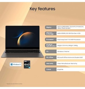Samsung Galaxy Book3 Pro 360 Thin & Light Laptop (Intel 13th Gen i5 EvoTM Processor | 16 GB | 512 GB SSD | Windows 11 | MS Office | S-Pen | Graphite | 1.6Kg  40.62cm(16") Touchscreen 2-in-1 3K Display