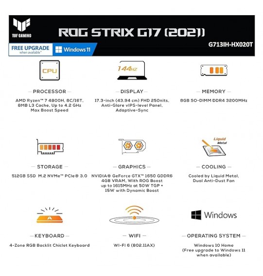 (Refurbished) ASUS ROG Strix G17 (2021) AMD Ryzen 7 4800H Gen Processor 17.3 inches FHD Screen144Hz, GTX 1650 4GB Graphics, Gaming Laptop (8GB RAM | 512GB SSD | Windows 10/Gray | 2.4Kg), G713IH-HX020T