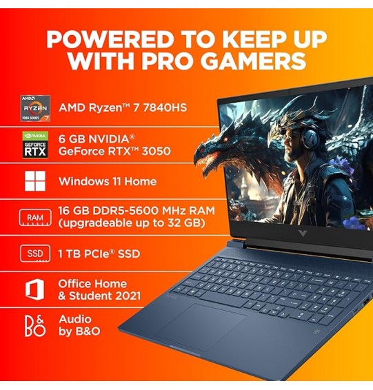 HP Victus Gaming Laptop(AMD Ryzen 7 7840HS AI Powered | 6GB RAM RTX 3050 GPU | 16.1-inch Screen (40.9 cm) | 95W TGP | FHD | IPS | 144Hz | 16GB RAM DDR5 | 1TB SSD Card | RGB Backlit KB | B&O (MSO | Blue | 2.29 kg), s0089AX