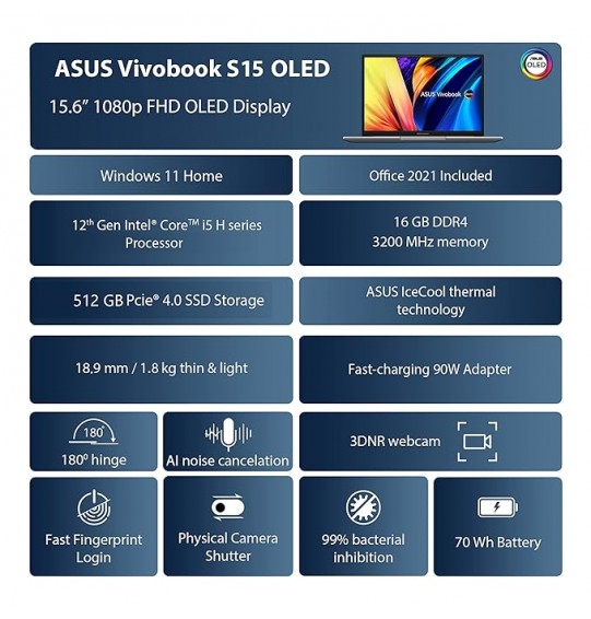 (Refurbished) ASUS Vivobook S15 OLED 15.6" (39.62 cms) FHD OLED Screen | Intel Core Evo i5-12500H 12th Gen Processor Laptop