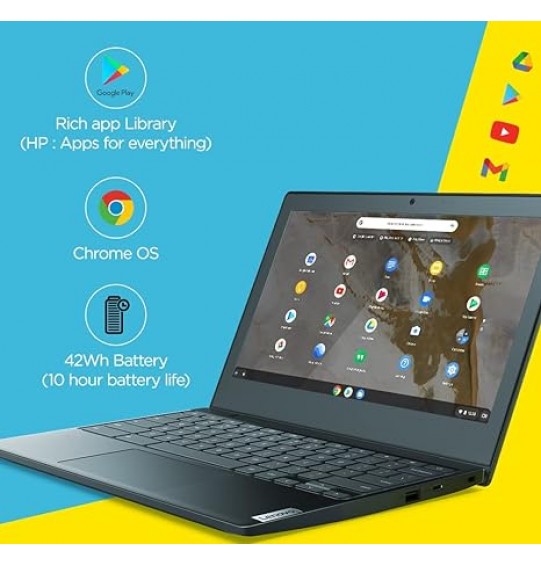 Lenovo IdeaPad Slim 3 Chromebook Intel Celeron N4020 4th Gen  Processor 11.6'' Screen (29.46cm) HD Thin & Light Laptop (4GB RAM | 64GB eMMC | Chrome OS | Upto 10hr Battery | 2W x2 HD Speaker | Onyx Black | 1.12Kg), 82BA001PHA