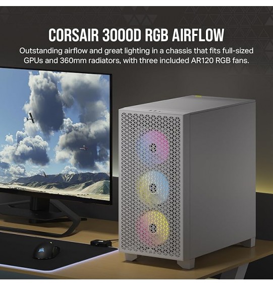 Corsair Alloy Steel 3000D RGB Airflow Mid-Tower Pc Case-White-3X Ar120 RGB Fans-Four-Slot Gpu Support Fits Up to 8X 120Mm Fans-High Airflow Design