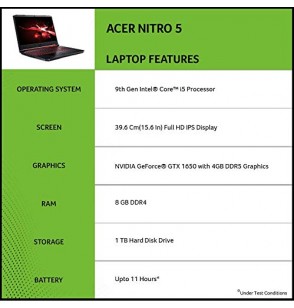 Acer Nitro 5 Intel Core i5-9th Gen Processor 15.6" Screen (39.62cms) Display 1920 x 1080 Thin and Light Gaming Laptop (8GB Ram | 1TB HDD | Windows 10 Home | GTX 1650 Graphics | Obsidian Black | 2.3 Kgs), AN515-54