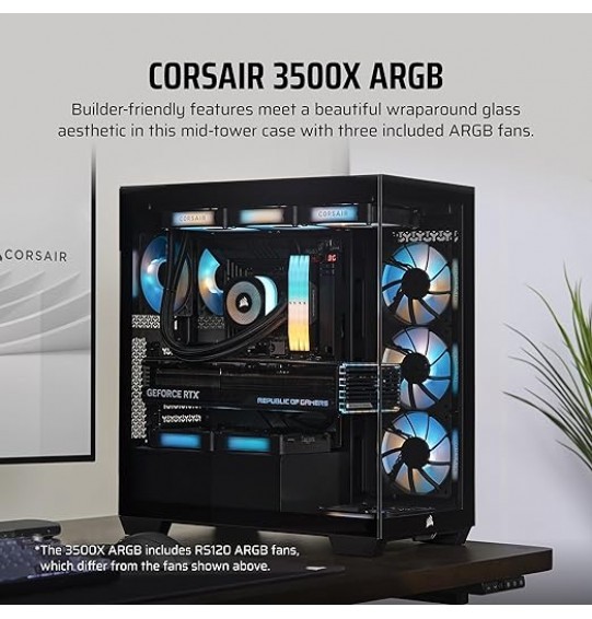 CORSAIR 3500X ARGB Mid-Tower ATX Dual Chamber PC Case – Panoramic Tempered Glass – Reverse Connection Motherboard Compatible – 3X CORSAIR RS120 ARGB Fans Included – Black