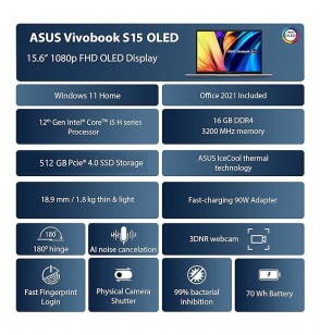 ASUS Vivobook Pro 15 OLED, AMD Ryzen 7 5800H Gen Processor, 15.6" (39.6 cm) OLED Screen, Thin & Light Laptop (16GB RAM | 1TB SSD | 4GB NVIDIA GeForce RTX 3050 | Windows 11 | Office 2021 | Fingerprint | Silver | 1.65 kg), M3500QC-L1712WS