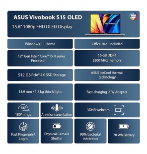 ASUS VivoBook K15 OLED (2021), 15.6" (39.62 cms) FHD Screen OLED, Intel Core i3-1115G4 11th Gen Processor, Thin and Light Laptop (8GB RAM | 512GB SSD | Integrated Graphics | Office 2021 | Windows 11 | Black | 1.8 Kg) K513EA-L312WS