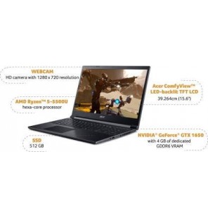 Acer Aspire 7 AMD Ryzen 5 Hexa Core 5500U Gen Processor 15.6 inches Screen Gaming Laptop (8GB RAM | 512GB SSD | Windows 11 Home | 4GB Graphics | NVIDIA GeForce GTX 1650) A715-42G, Black, 2.15Kg