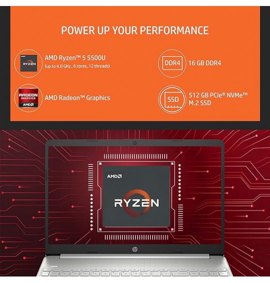 (Refurbished) HP 15s Laptop (Ryzen 5-5500U Gen Processor | 16GB RAM | 512GB SSD | Micro-Edge | Anti-Glare | Natural Silver) 15.6-inches(39.6 cm) FHD Display