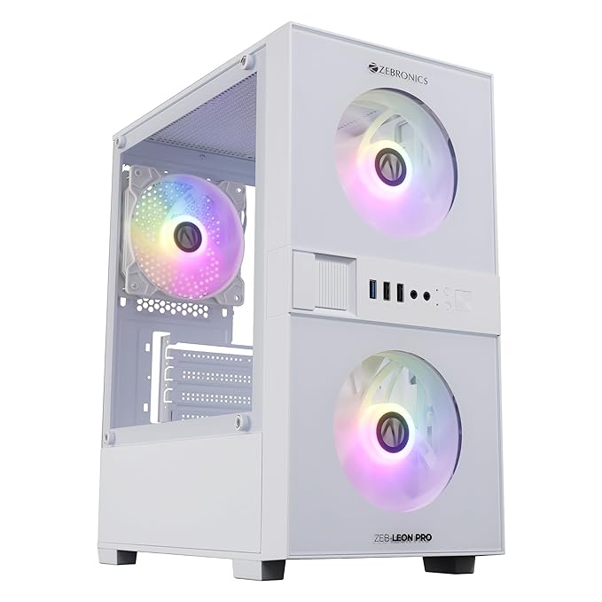 1jh.jpg ZEBRONICS New Launch Leon PRO Premium Gaming Cabinet/Case, Mini-Tower, Supports mATX | ITX, 3 Pre-Installed RGB Fans, Side Tempered Glass, USB 3.0, Magnetic Dust Filter (White) - Image 1